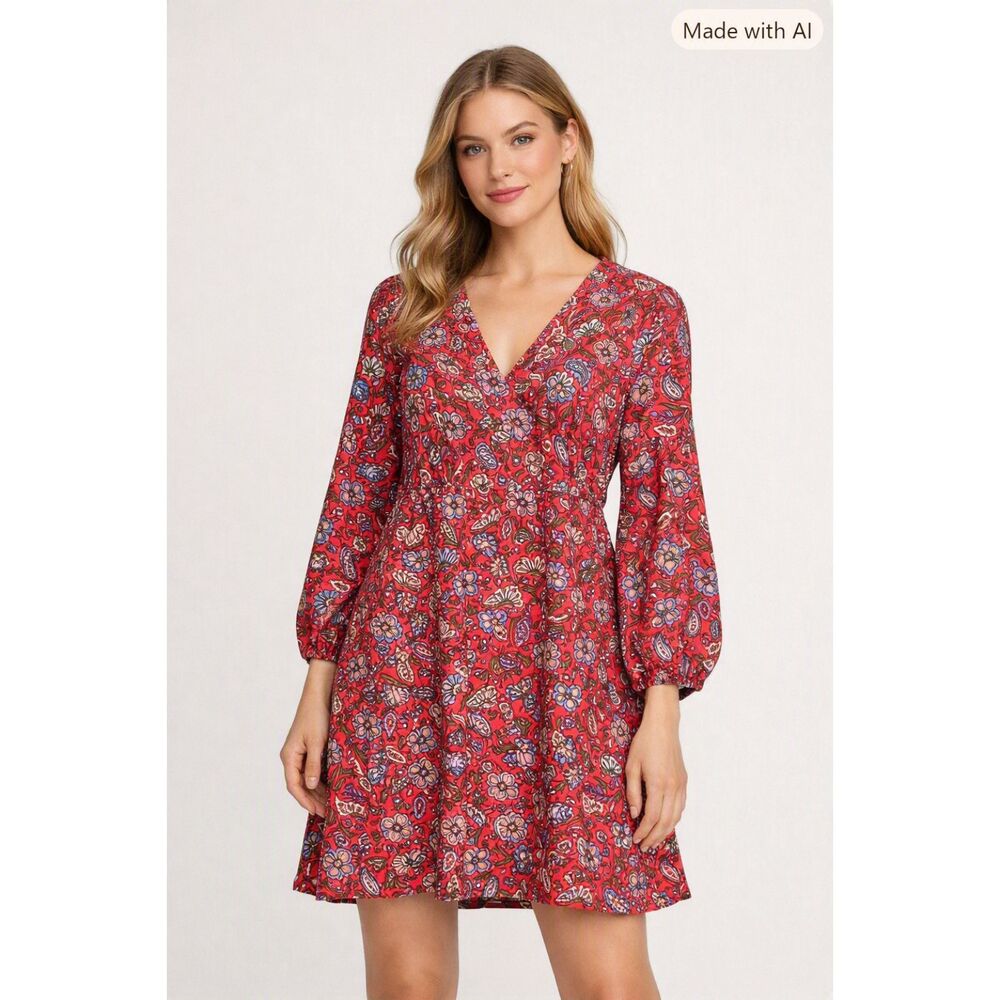 Boden Red Floral Linen Dress US 4L Boho Cottagecore V‑Neck Lightweight Summer